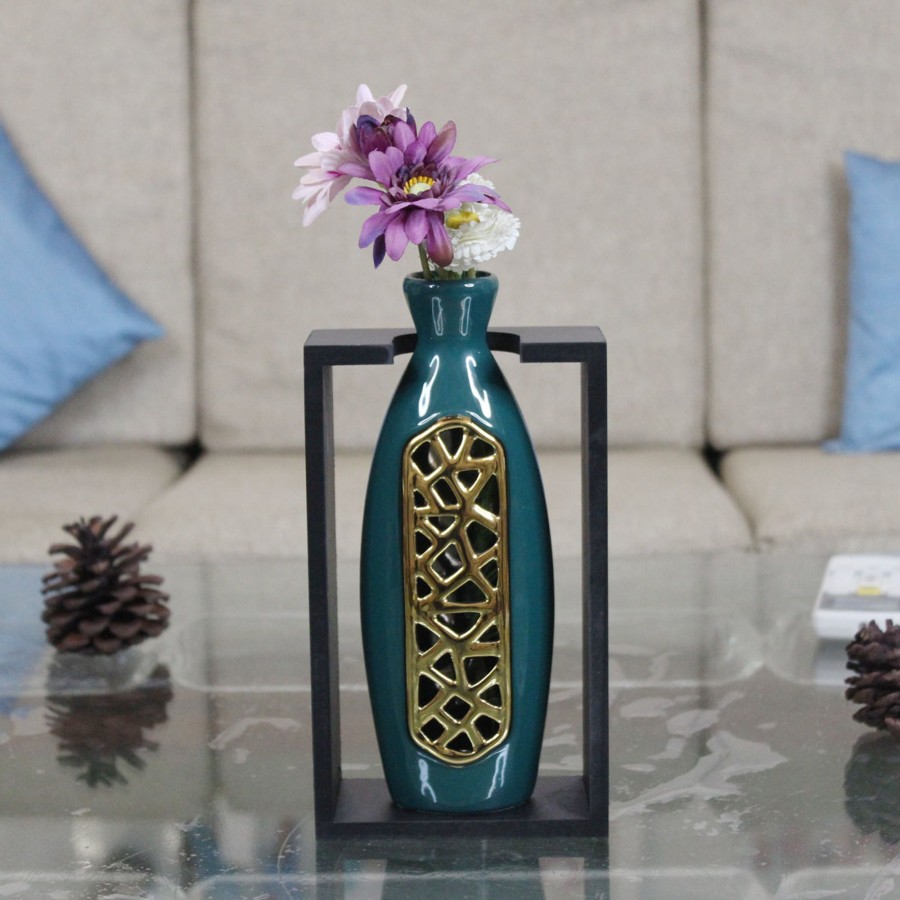 Home Decor Wonderland Flower Vases And Template Jar | Ceramic Flower Vase In A Frame Unique Quality For Home Decor, Center Table, Flowers Pot, Bedroom Side Corner, Living Room 12X6X25 Cm