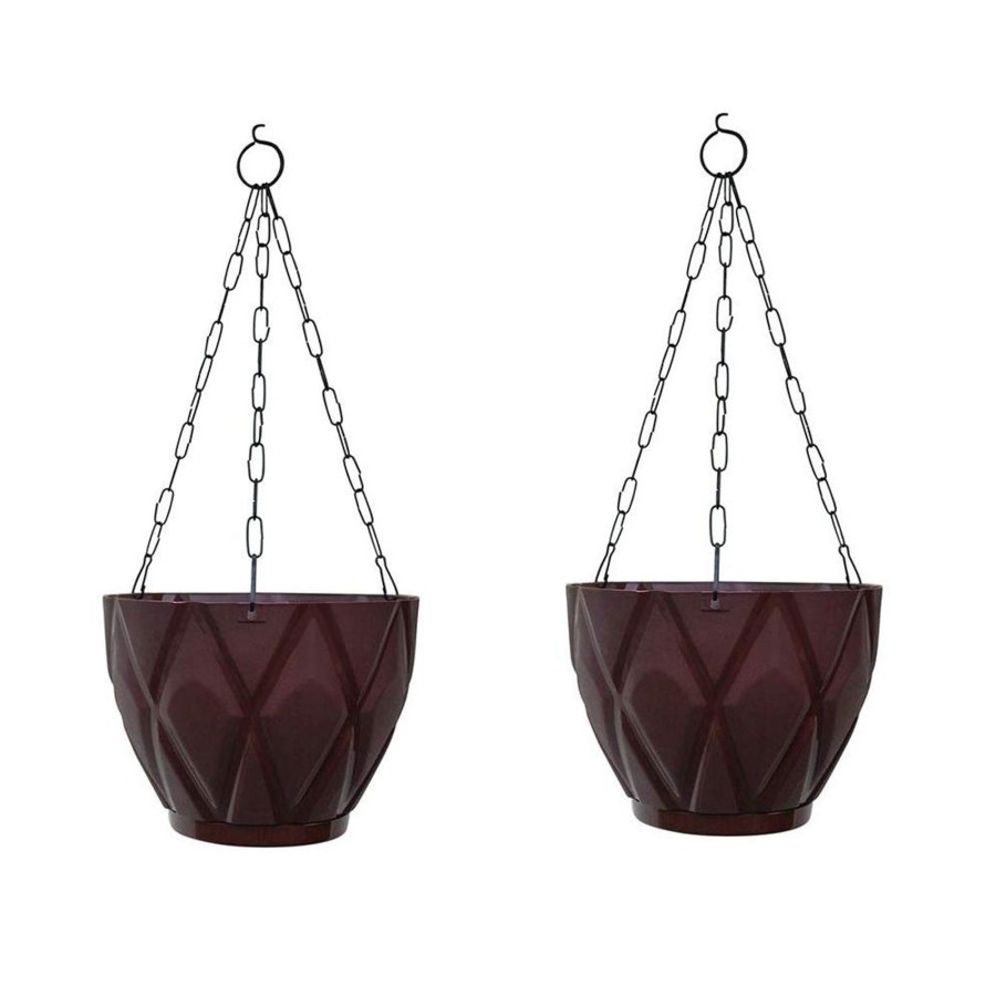 Garden Planters Wonderland | (Set Of 2) Hanging Solitaire Pot With Chain And Drain Base For Home Garden, Brown