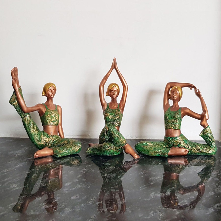 Home Decor Wonderland Table Top Decor | (Set Of 3) Big Green And Silver Yoga Girl Statue