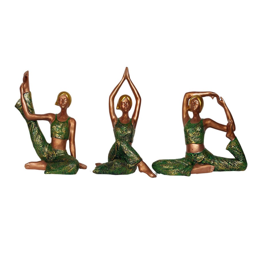 Home Decor Wonderland Table Top Decor | (Set Of 3) Big Green And Silver Yoga Girl Statue