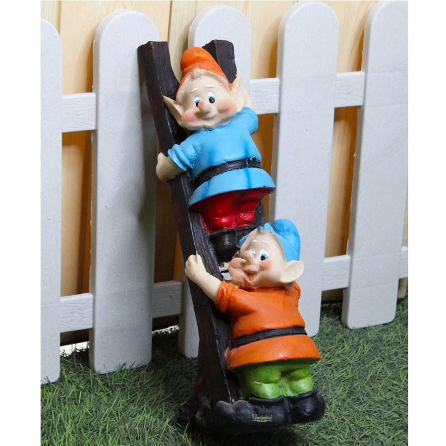 Garden Decor Wonderland Garden Statues | Gnome/Dwarf Climbing Stairs Statue (Blue & Orange)