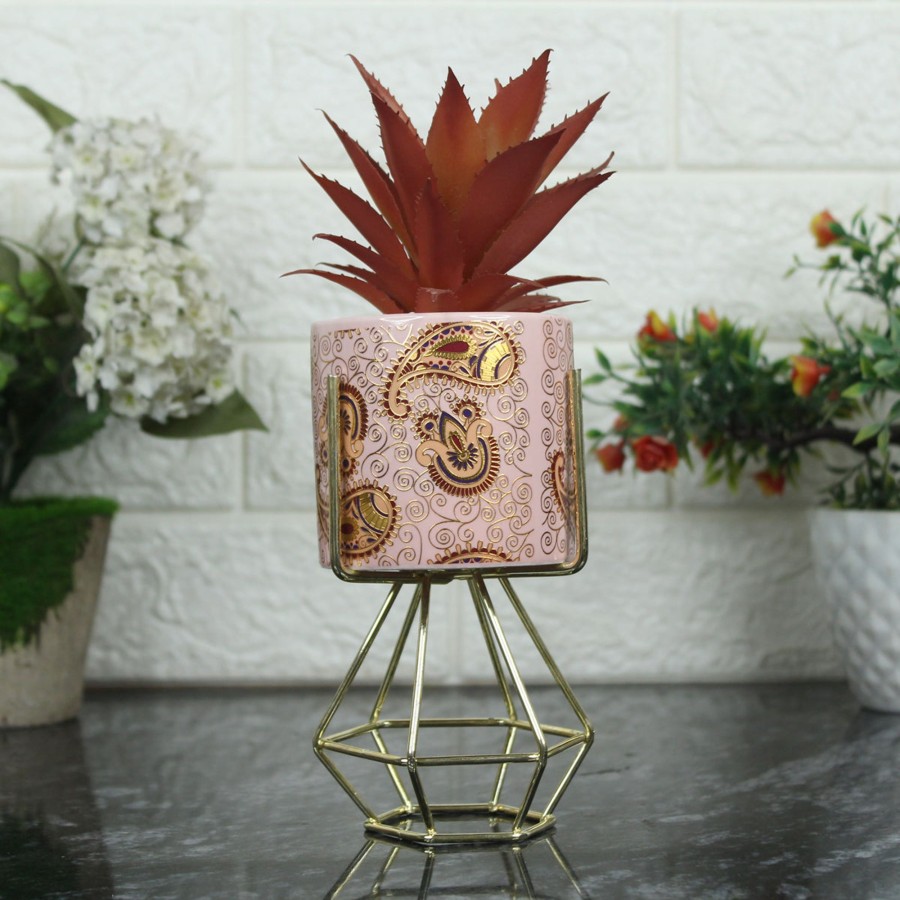 Garden Planters Wonderland | Pink And Gold Ceramic Pot With Artificial Succulent And Stand