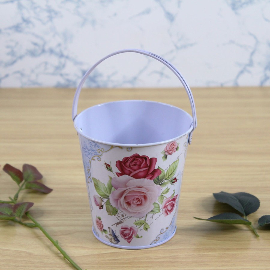 Home Decor Wonderland Container | (Set Of 2) Flower Print Bucket With Handle