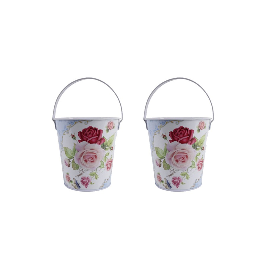 Home Decor Wonderland Container | (Set Of 2) Flower Print Bucket With Handle