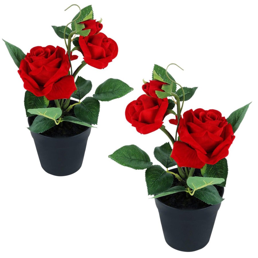 Artificial Turf Plants Wonderland | Red Rose With Plastic Pot (Set Of 2) Artificial Flower With Plastic Pot And Gravel