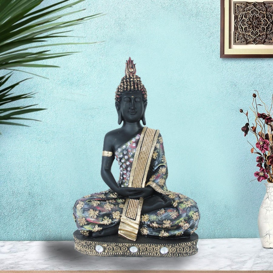 Garden Decor Wonderland Garden Statues | 18 Inche Buddha Statue With Stones (Black & Golden)