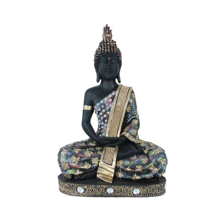 Garden Decor Wonderland Garden Statues | 18 Inche Buddha Statue With Stones (Black & Golden)