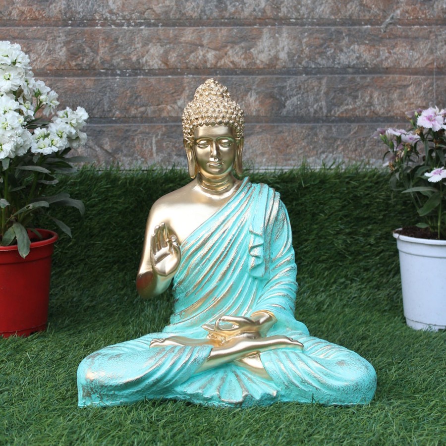 Garden Decor Wonderland Buddha And Monk Statue | Wonderland Resin 14 '' Buddha (Golden Body & Seagreen) (Aashirwad)