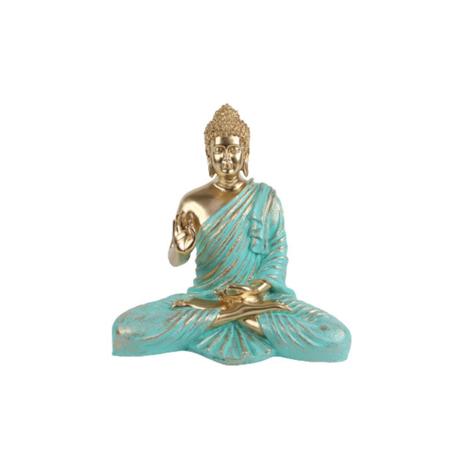 Garden Decor Wonderland Buddha And Monk Statue | Wonderland Resin 14 '' Buddha (Golden Body & Seagreen) (Aashirwad)