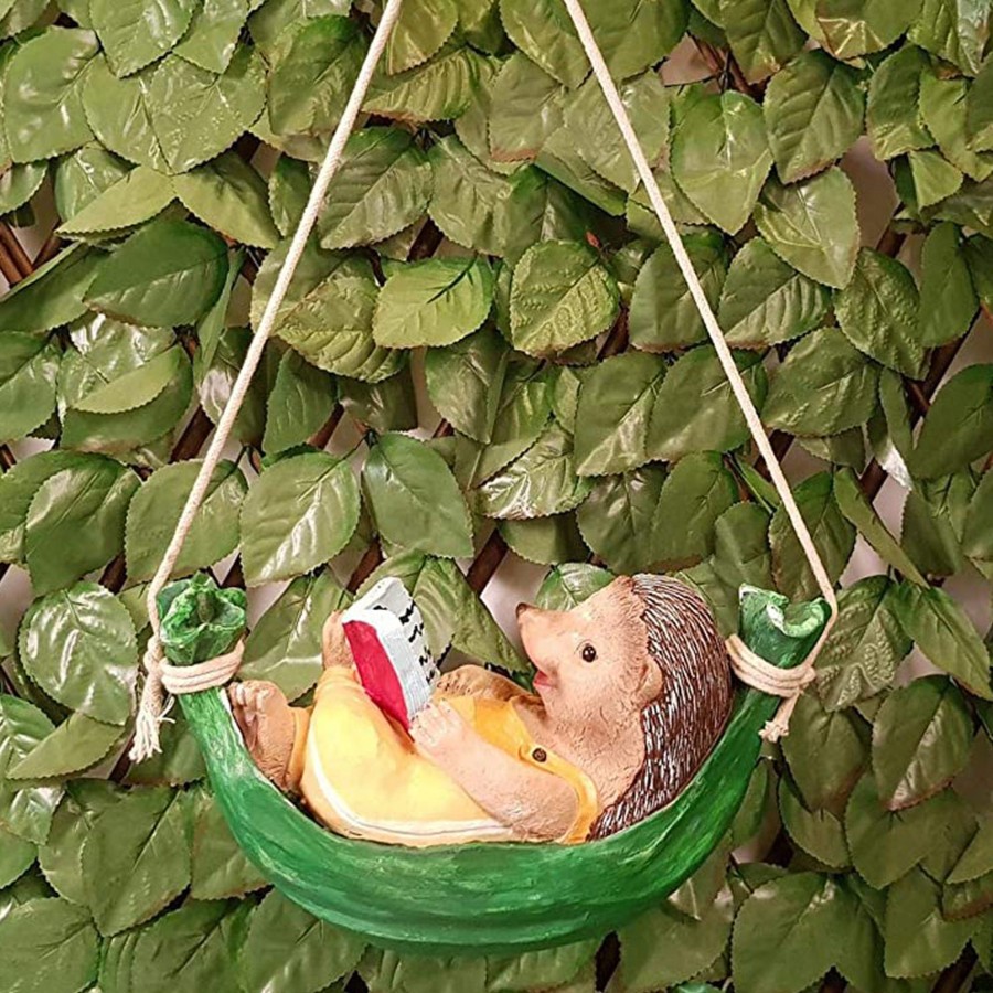 Garden Decor Wonderland Garden Statues | Hanging Hedgehog On Hammock Reading Book