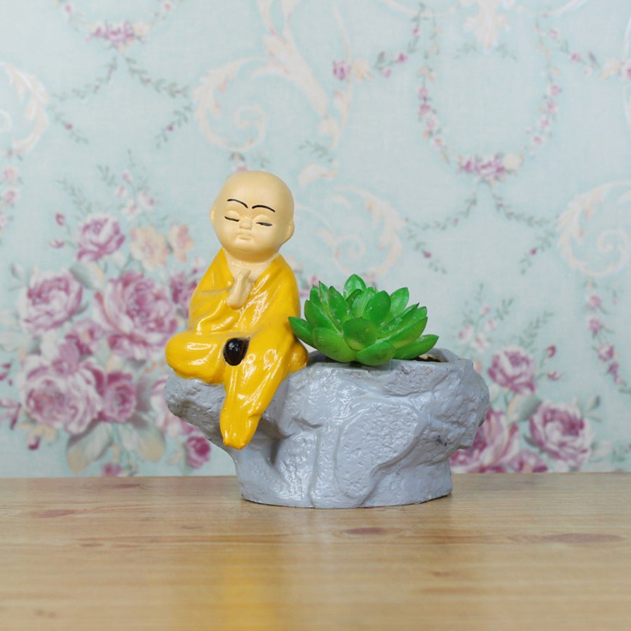 Garden Planters Wonderland | Monk With Succulent Pot For Home And Balcony Decoration (Yellow)