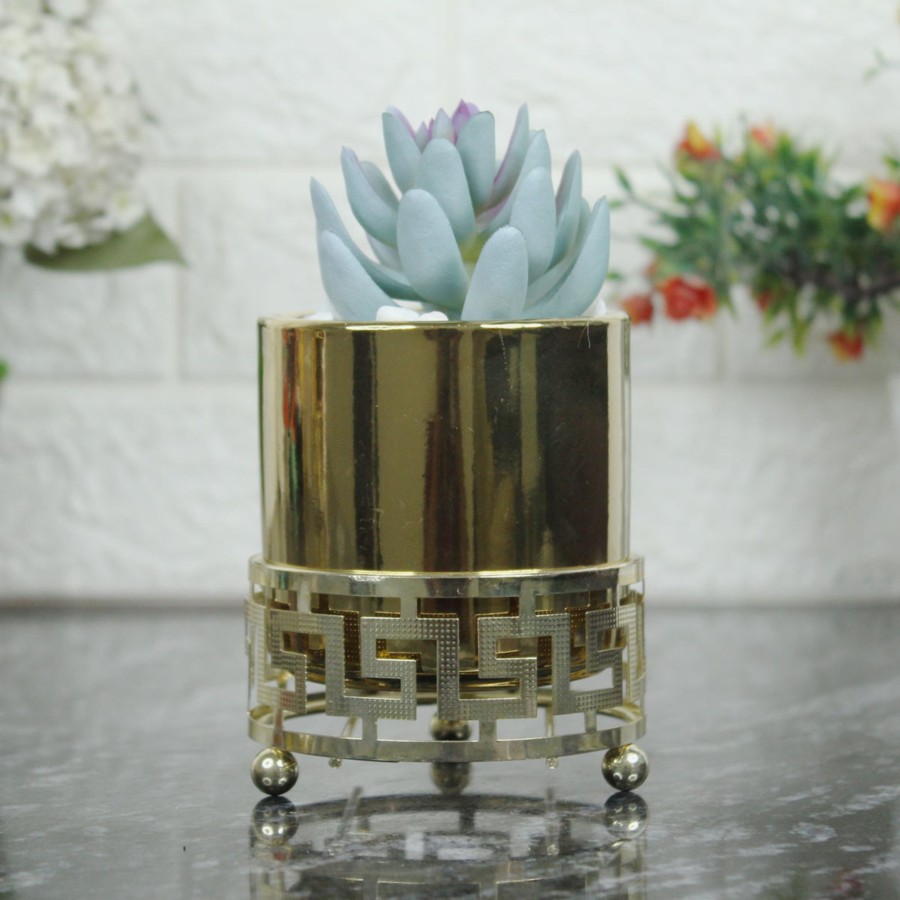 Garden Planters Wonderland | Golden Ceramic Pot With Artificial Succulent (Table Top)