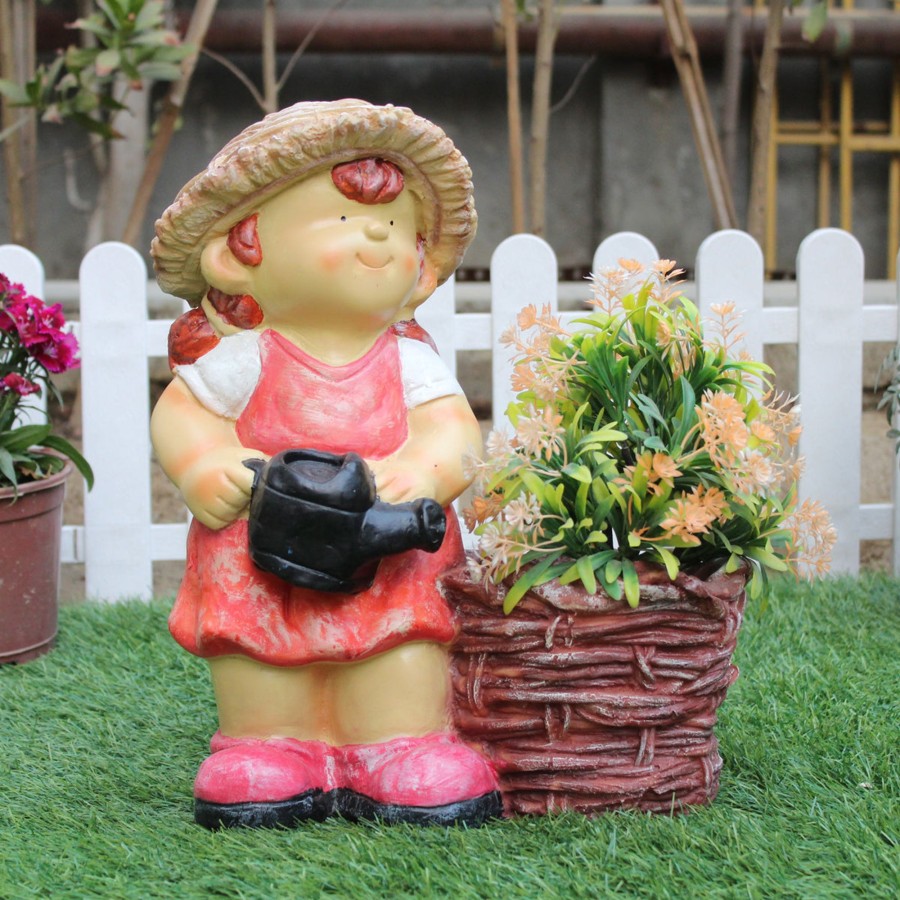 Garden Planters Wonderland | Wonderland Resin Farm Girl Holding Water Can Planter (Orange)