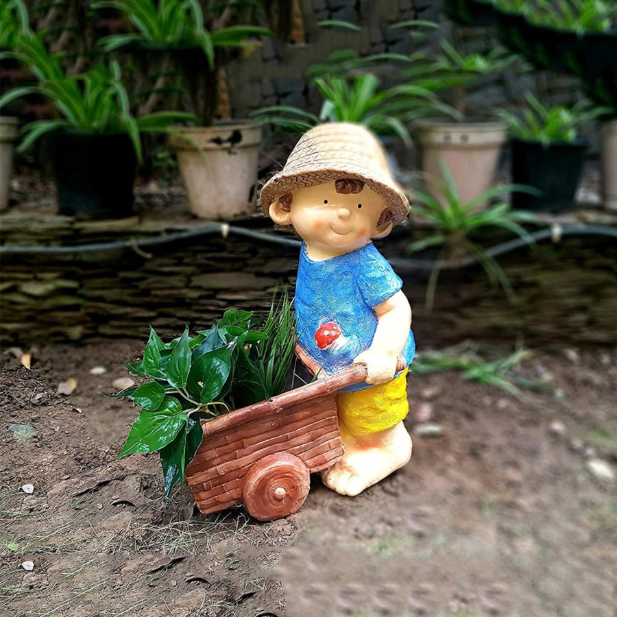 Garden Planters Wonderland | Boy Statue Pushing Cart Pot Planter For Garden Decoration (Yellow)