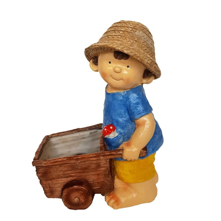 Garden Planters Wonderland | Boy Statue Pushing Cart Pot Planter For Garden Decoration (Yellow)