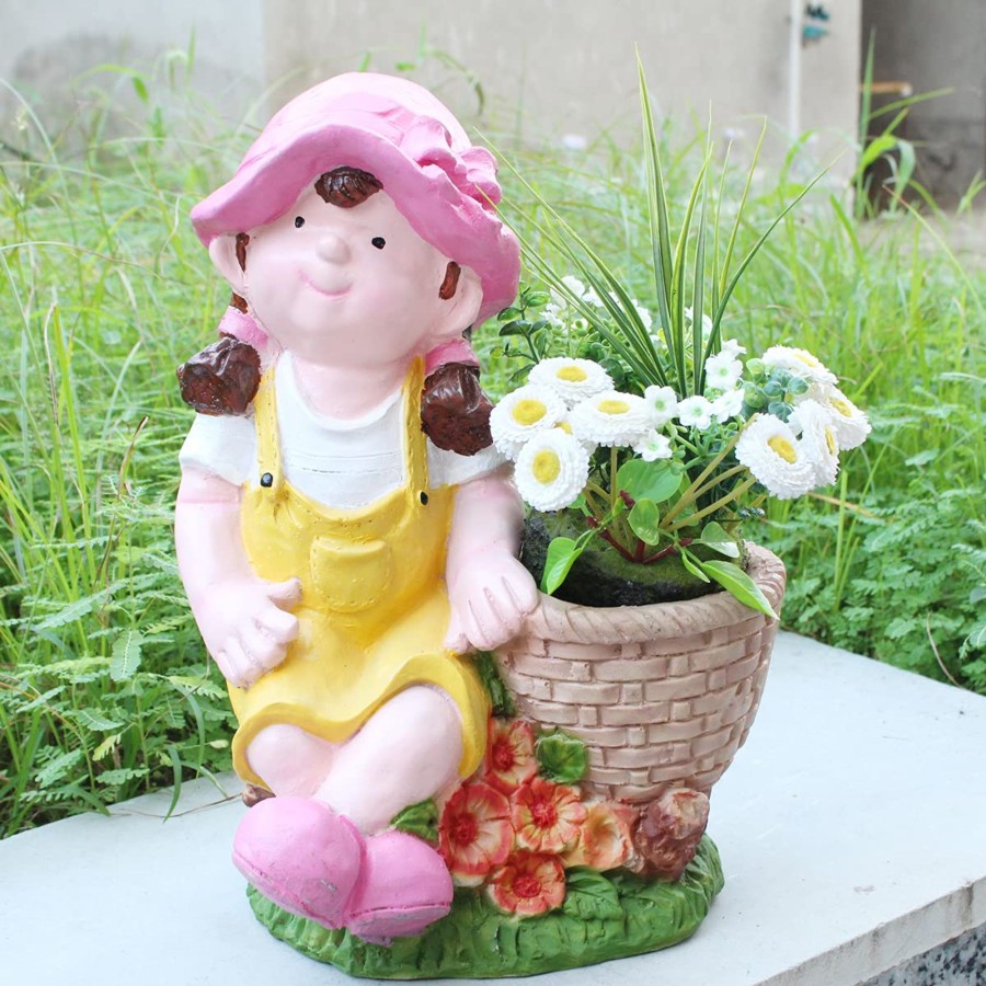 Garden Planters Wonderland | Girl On Stone With Pot Planter For Garden Decoration (Yellow)