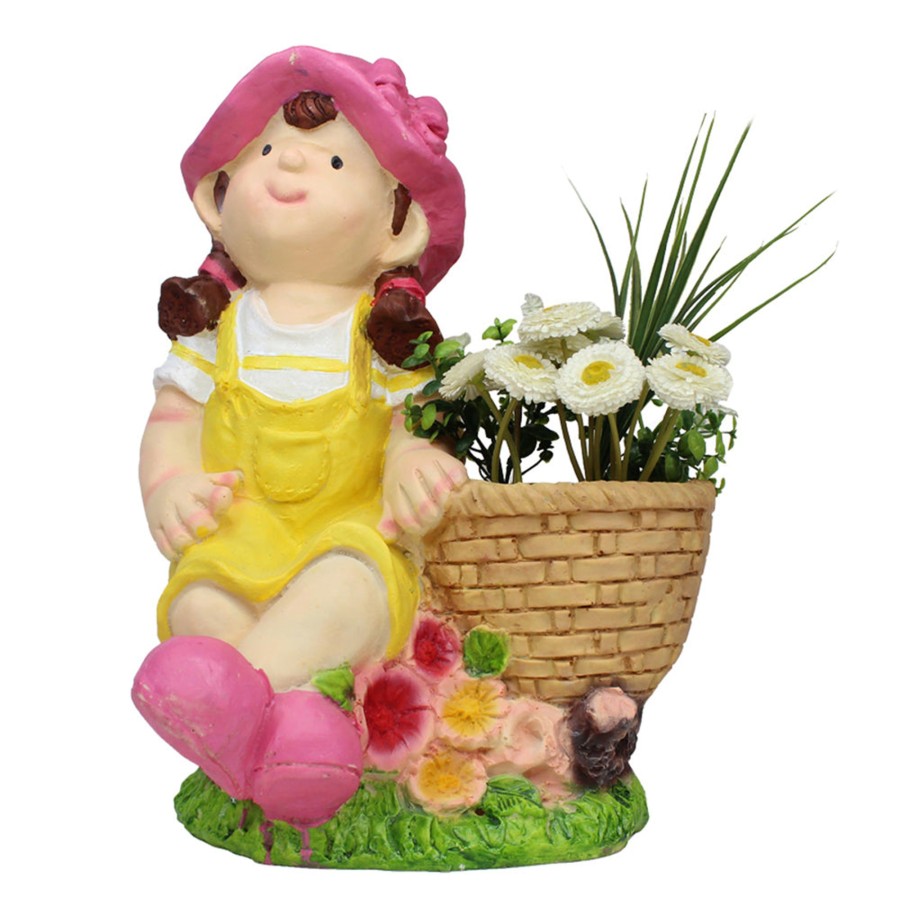 Garden Planters Wonderland | Girl On Stone With Pot Planter For Garden Decoration (Yellow)