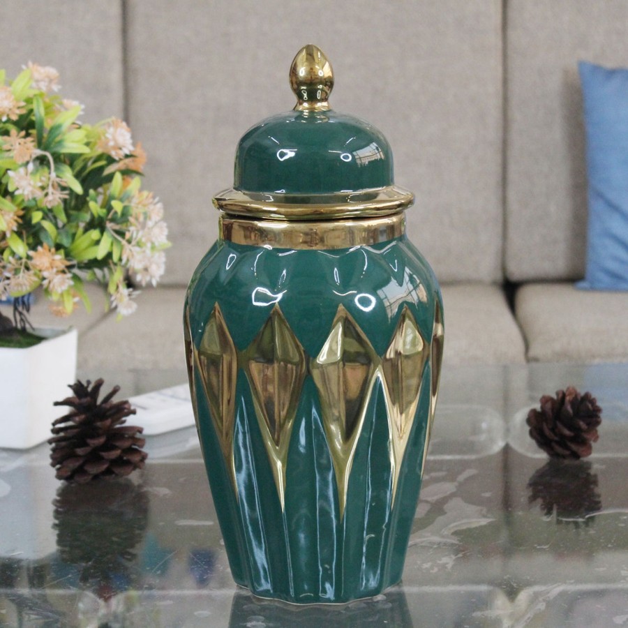 Home Decor Wonderland Flower Vases And Template Jar | Green Gold Flower Vase-1