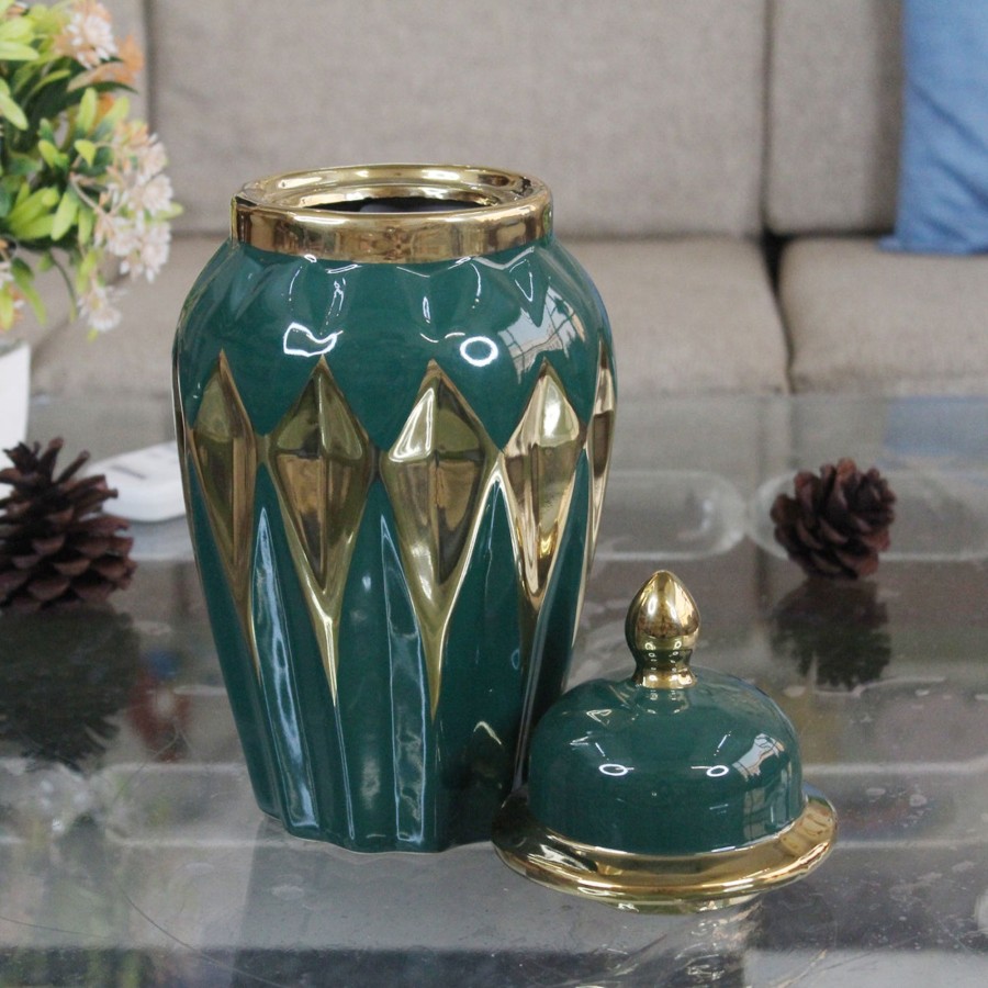 Home Decor Wonderland Flower Vases And Template Jar | Green Gold Flower Vase-1