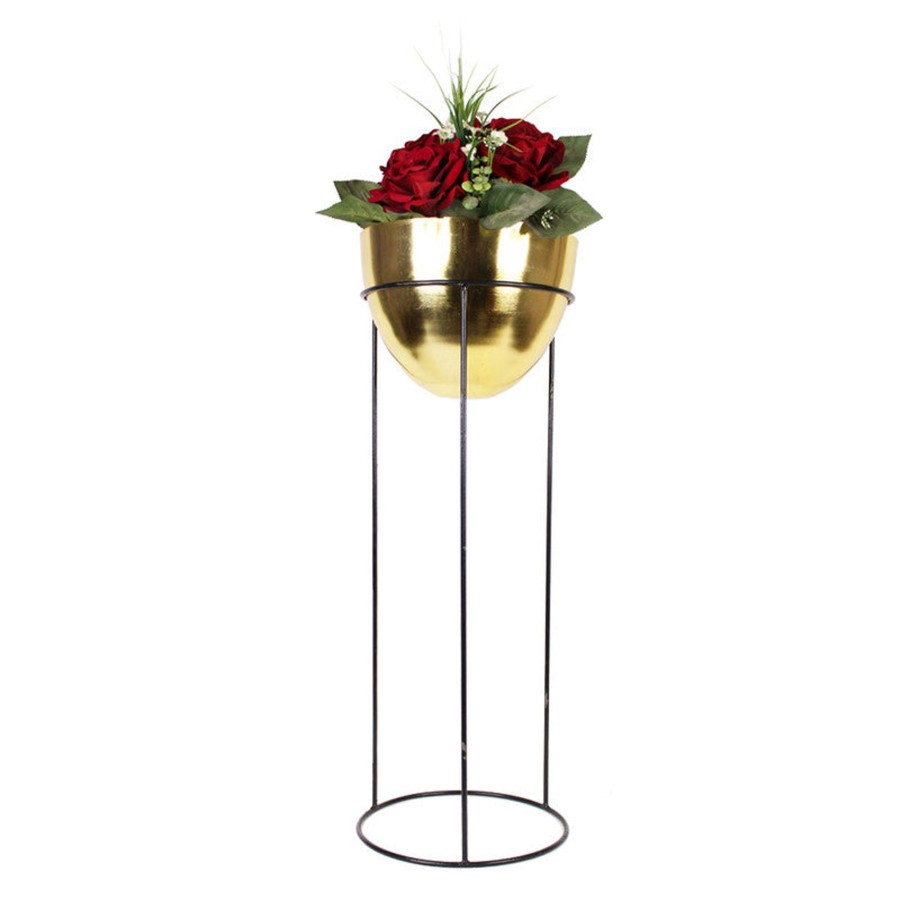 Garden Planters Wonderland | Single Gold Bowl Shape Planter With Black Stand