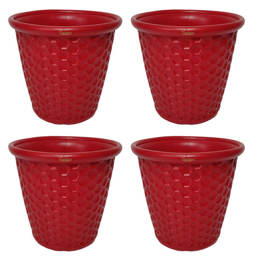 Garden Planters Wonderland | Set Of 4 : Red Honeycomb 12 Inches Pp/ Pvc / High Quality Plastic Planter