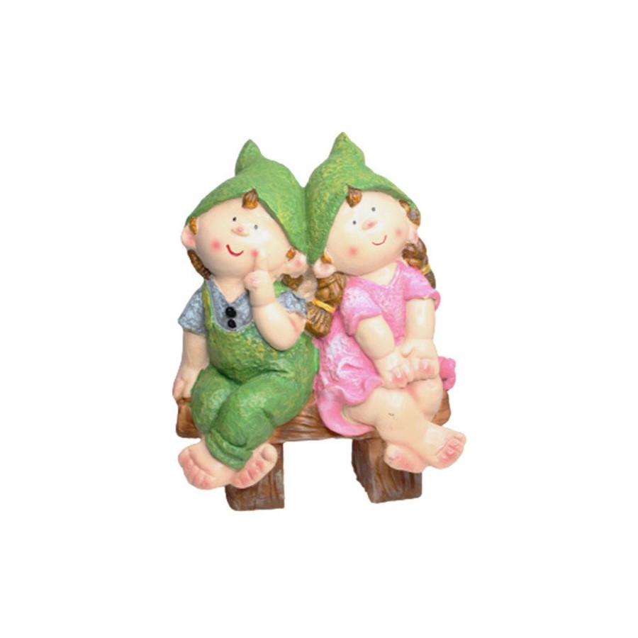 Garden Planters Wonderland | Wonderland Resin Two Elves Sitting On Bench 1 (Green & Pink)|Adorable Kids Sculpture For Balcony And Home Decor