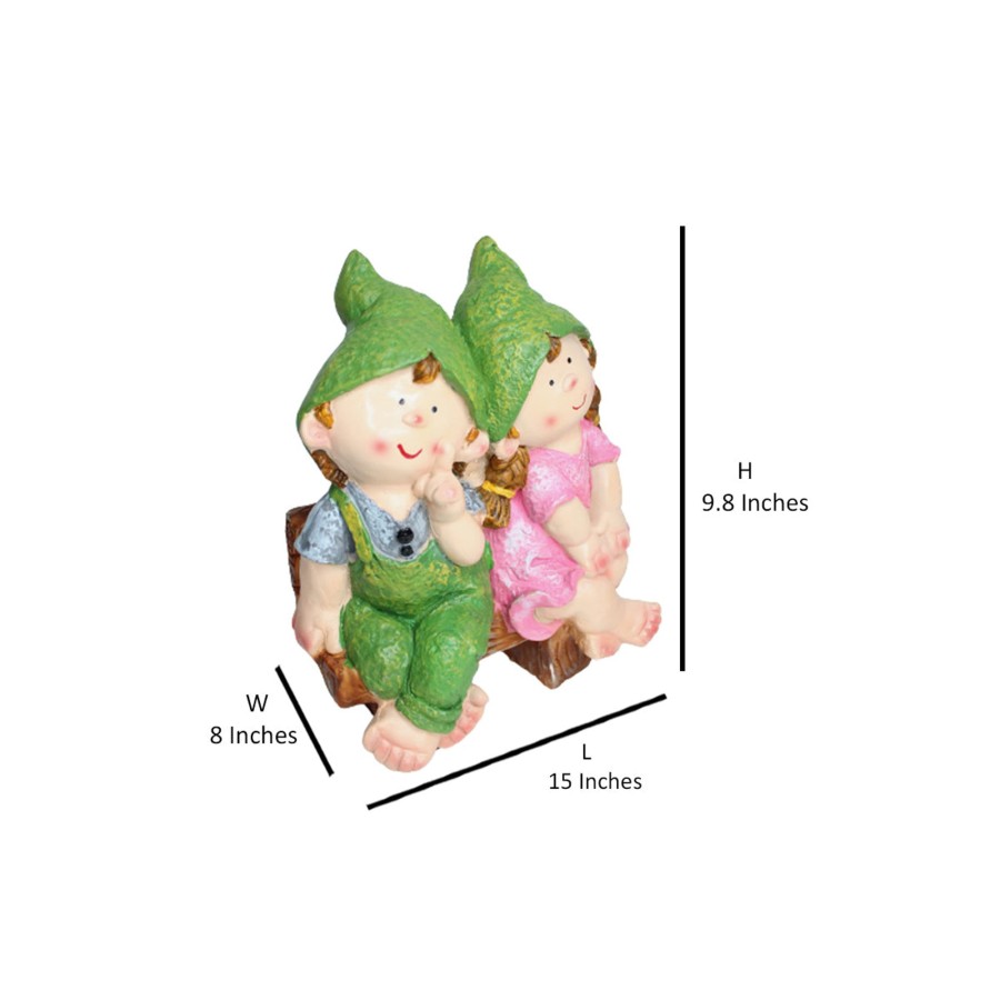 Garden Planters Wonderland | Wonderland Resin Two Elves Sitting On Bench 1 (Green & Pink)|Adorable Kids Sculpture For Balcony And Home Decor