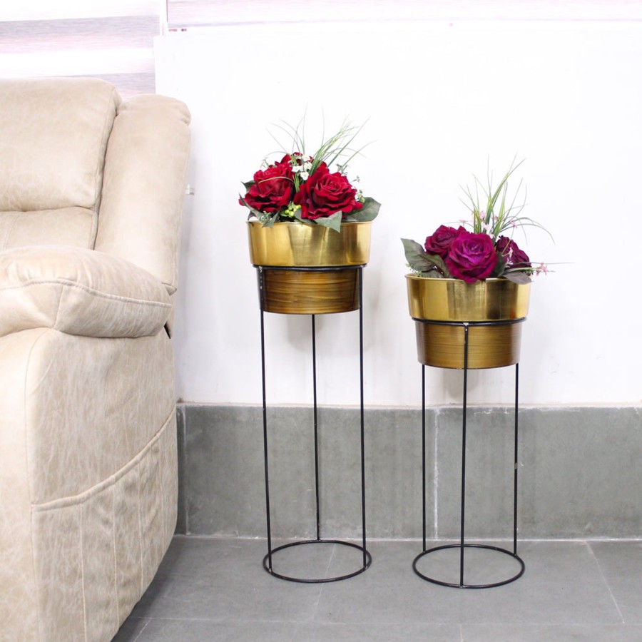 Garden Planters Wonderland | (Set Of 2) Golden Planter With Stand For Home Decoration