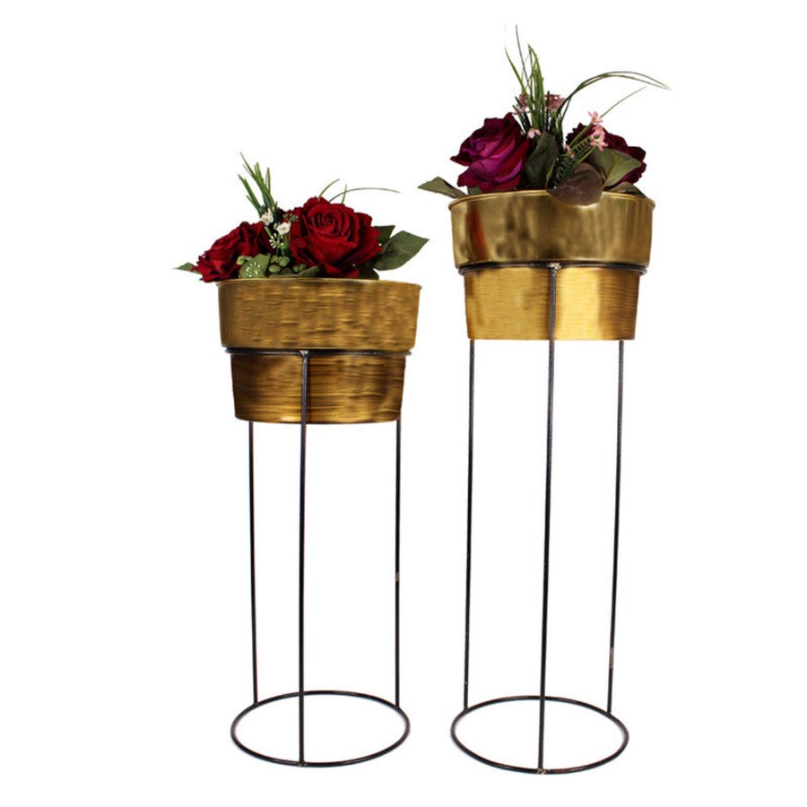 Garden Planters Wonderland | (Set Of 2) Golden Planter With Stand For Home Decoration