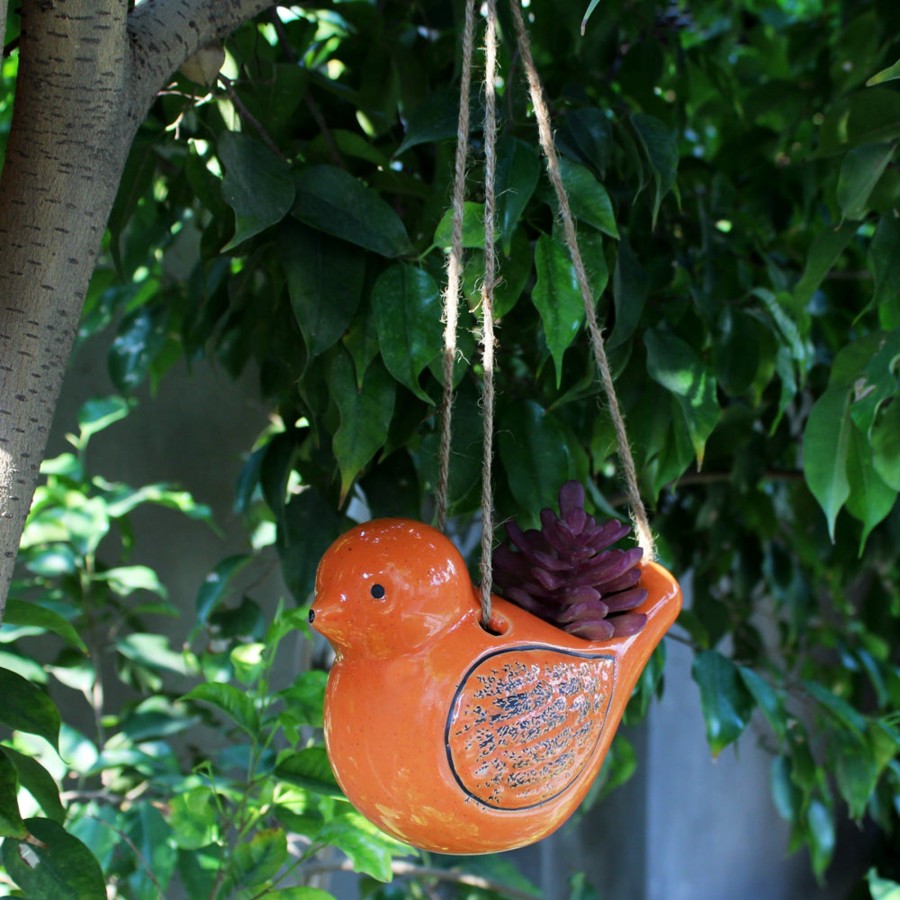 Garden Planters Wonderland | Ceramic Hanging Bird Pot Home And Garden Decoration (Orange)