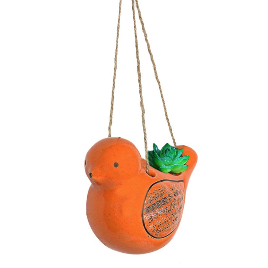 Garden Planters Wonderland | Ceramic Hanging Bird Pot Home And Garden Decoration (Orange)