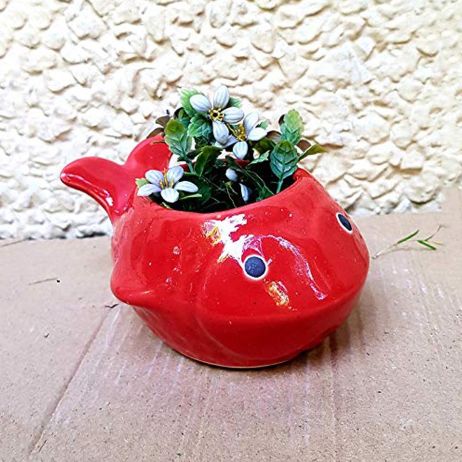 Garden Planters Wonderland | Fish Shape Ceramic Pot For Home And Garden Decoration (Red)