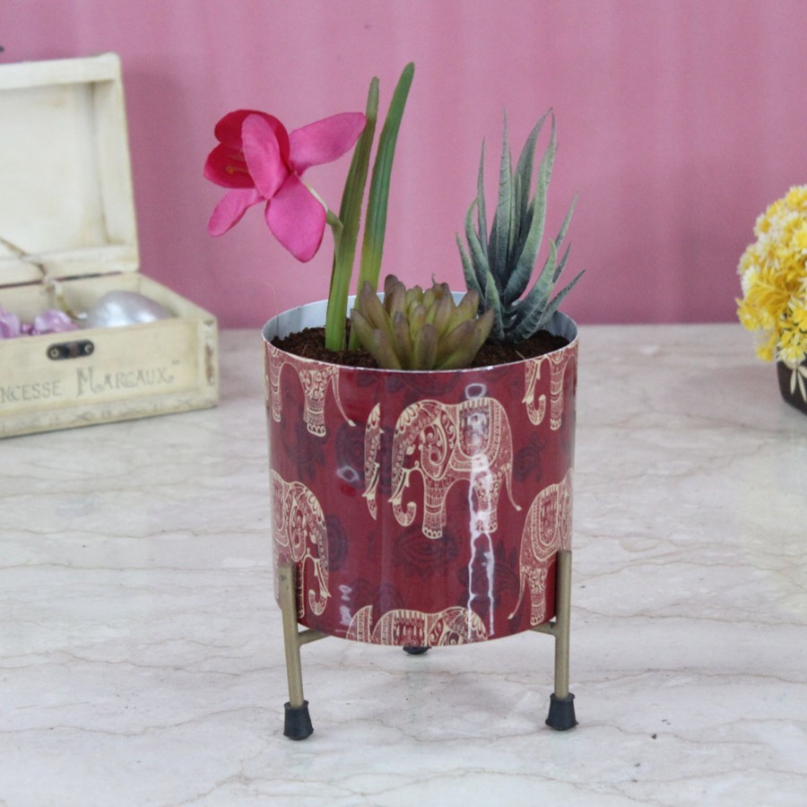 Garden Planters Wonderland | Wonderland Red Elephant Print Metal Pot With Stand