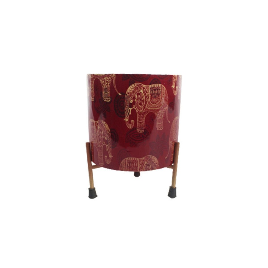 Garden Planters Wonderland | Wonderland Red Elephant Print Metal Pot With Stand