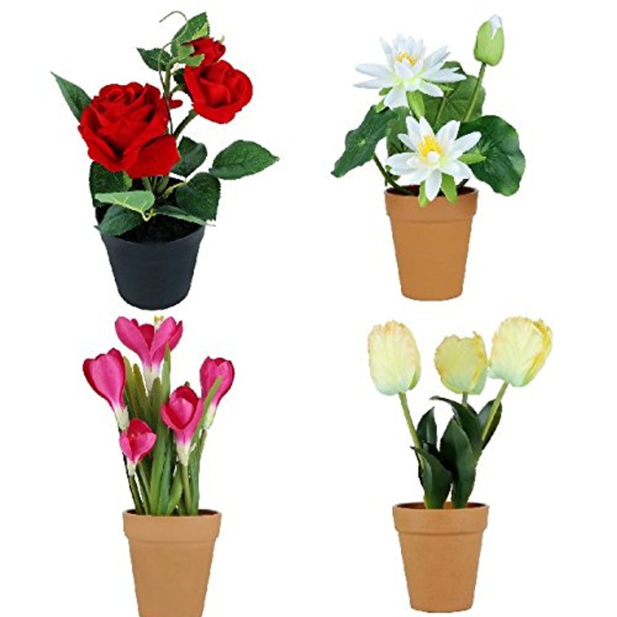 Artificial Turf Plants Wonderland | Wonderland Set Of 4 Artificial Real Looking Flower Pots ( Rose, Lotus, Saffron , Tulips)