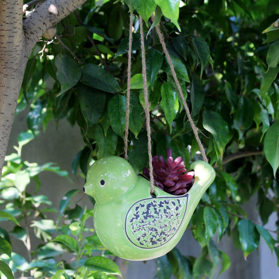 Garden Planters Wonderland | Ceramic Hanging Bird Pot Home And Garden Decoration (Green)