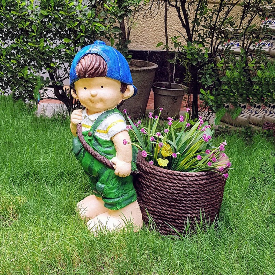 Garden Planters Wonderland | Standing Boy Statue With Basket Pot Planter For Garden Decoration