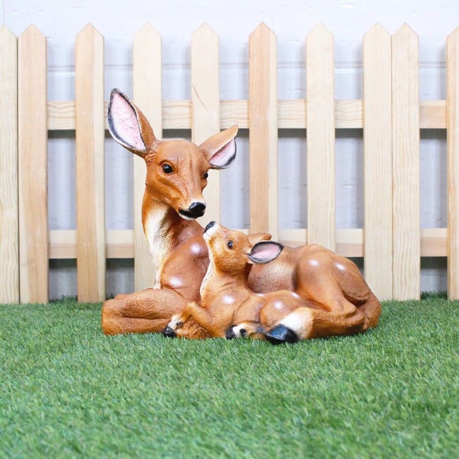 Garden Decor Wonderland Garden Statues | Deer Sitting Statue (Mother And Baby) For Garden Decoration (Dark Brown)