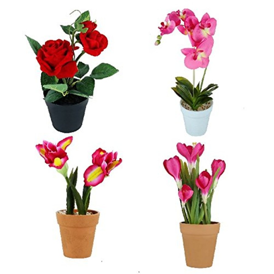 Artificial Turf Plants Wonderland | Wonderland Set Of 4 Artificial Real Looking Flower Pots ( Rose, Orchids, Yellow Pink Flower & Saffron