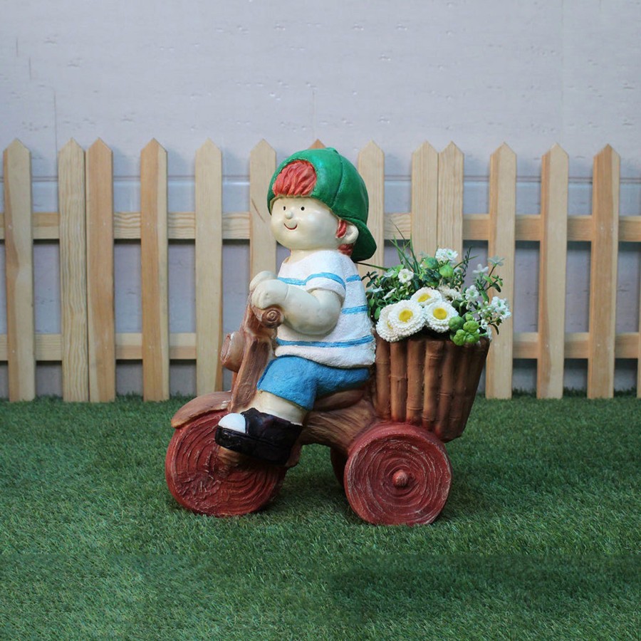 Garden Planters Wonderland | Boy On Cycle Pot Planter For Balcony And Garden Decoration (Light Blue)