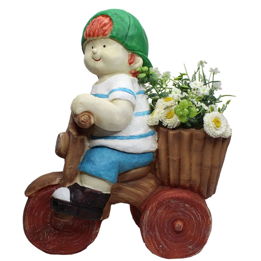 Garden Planters Wonderland | Boy On Cycle Pot Planter For Balcony And Garden Decoration (Light Blue)