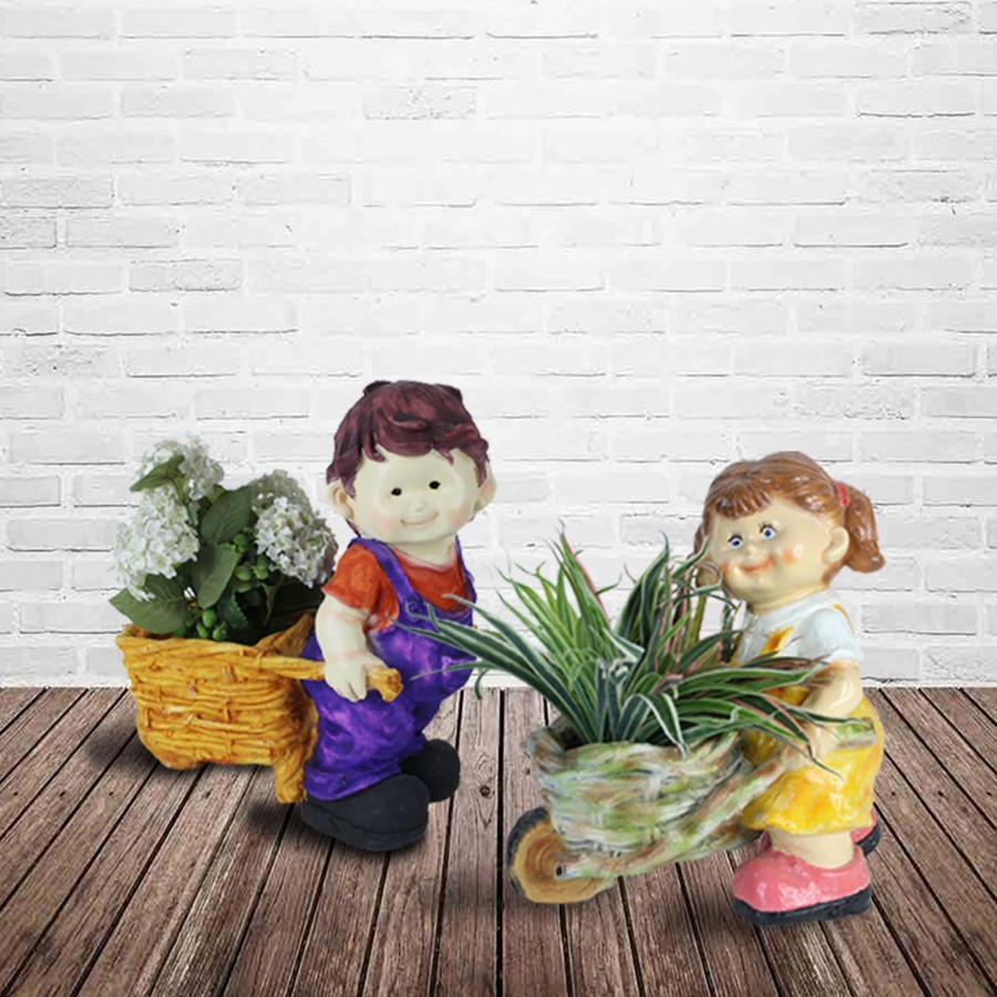 Garden Planters Wonderland | Boy & Girl Pushing Cart Planter For Garden Decoration