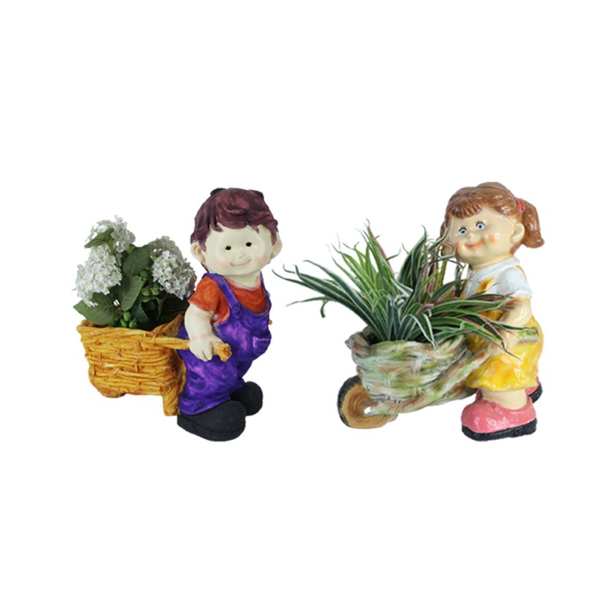 Garden Planters Wonderland | Boy & Girl Pushing Cart Planter For Garden Decoration