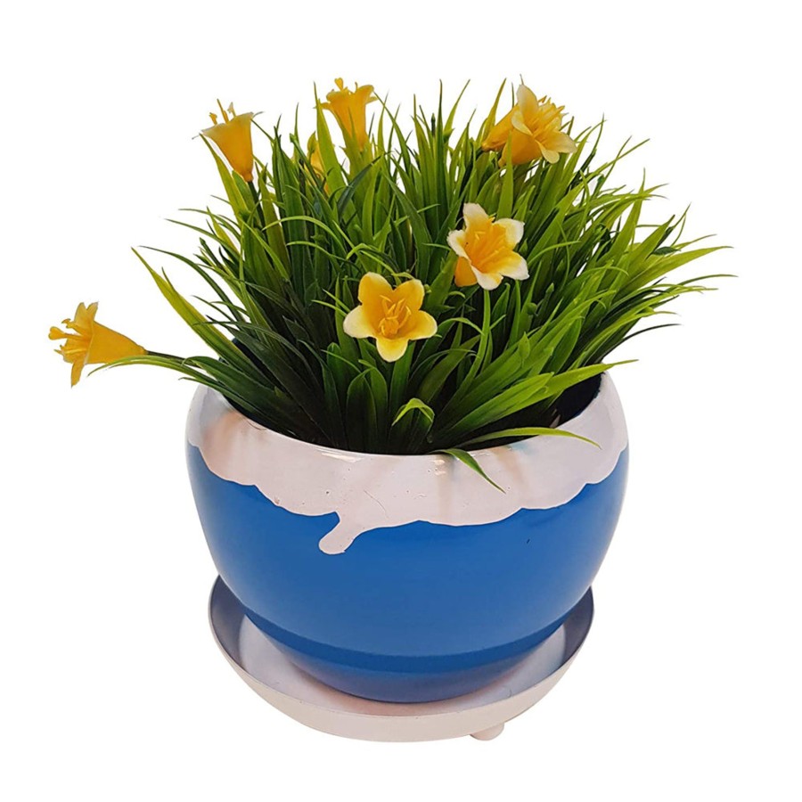 Garden Planters Wonderland | Metal Table Top Planter With Tray For Home Decoration (Blue)