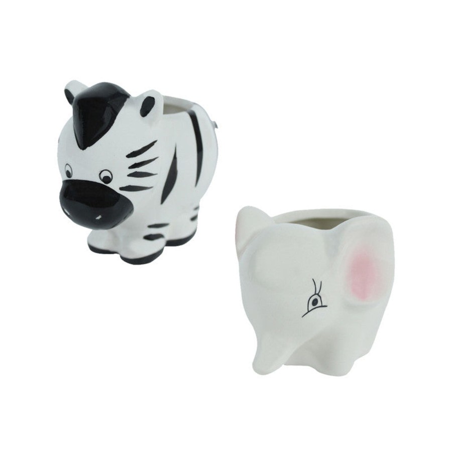 Garden Planters Wonderland | Imported Set Of 2 Ceramic Zebra And Elephant Small Size Plant Pot