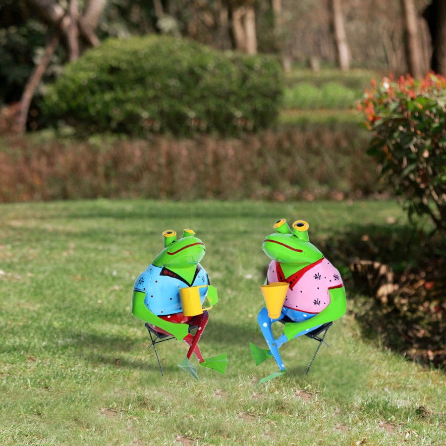 Garden Decor Wonderland Metal Yard Art | (Set Of 2) Gossip Frogs On Chair Garden For Garden Decoration