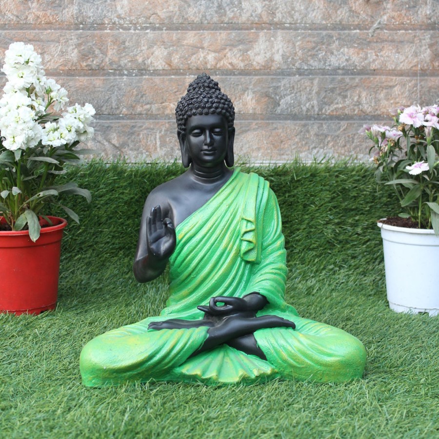 Garden Decor Wonderland Buddha And Monk Statue | Wonderland Resin 14'' Green Buddha With Black Body (Aashirwad)