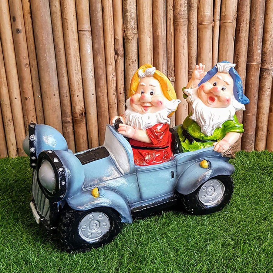 Garden Decor Wonderland Garden Statues | Two Gnome Sitting In Car For Garden Decoration