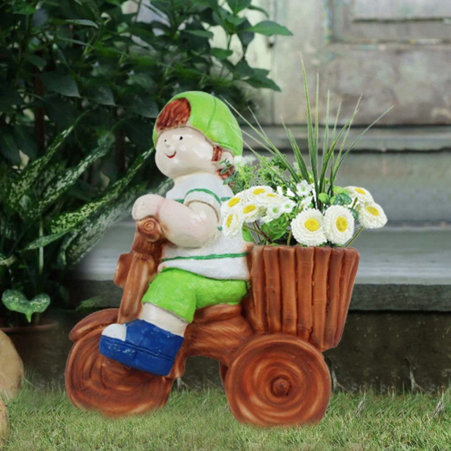 Garden Planters Wonderland | Boy On Cycle Planter For Garden Decoration (Green)