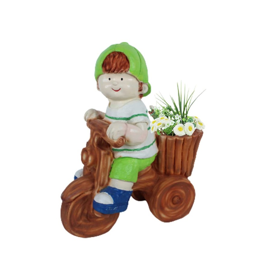 Garden Planters Wonderland | Boy On Cycle Planter For Garden Decoration (Green)